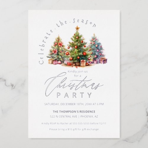 Elegant Christmas Trees Holiday Party Silver Foil Invitation