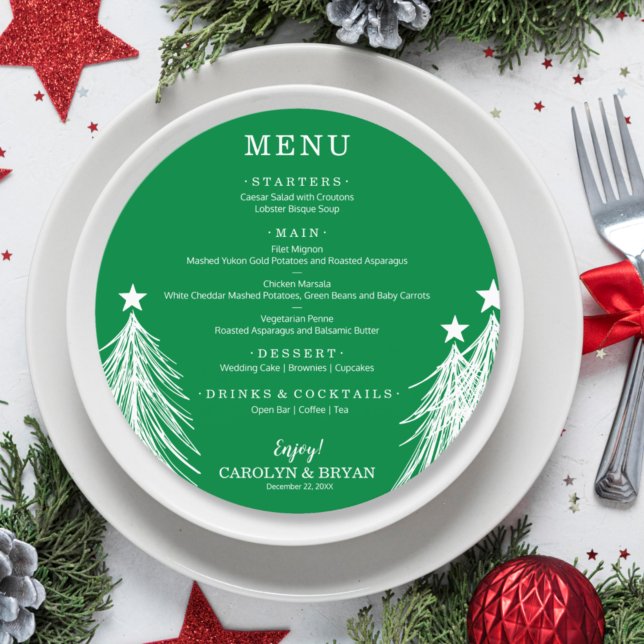 Elegant Christmas Trees on Green Round Menu (Creator Uploaded)
