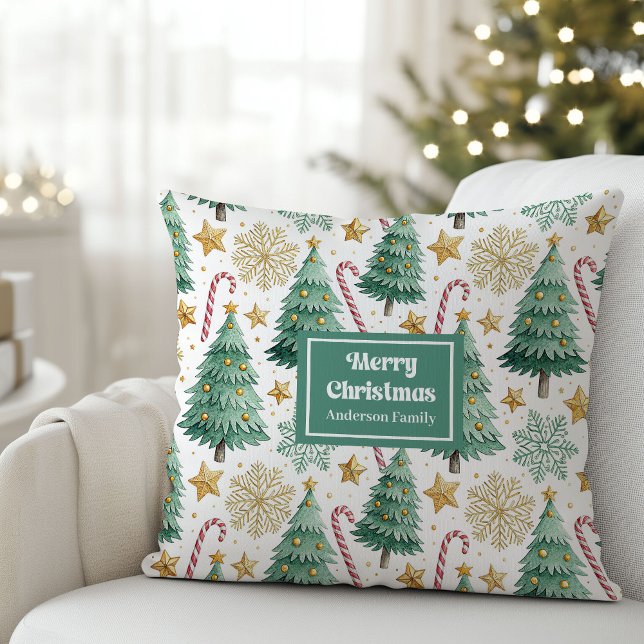 Elegant Christmas Trees Pillow with Custom Name (Earthy colors Christmas Throw Pillow,
watercolor christmas trees candy canes,
simple classic warmish)