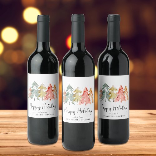 Elegant Christmas Trees Watercolor Wine Label