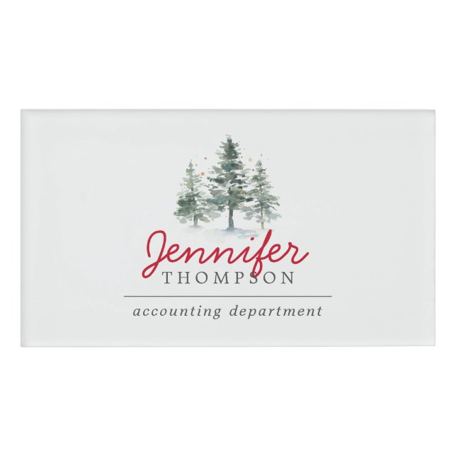 Elegant Christmas Trees Woods Holiday Party Name Tag (Front)