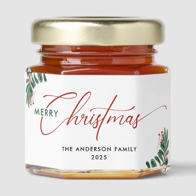 Elegant Christmas Typography Winter Greenery Honey Jar Favors (Front)