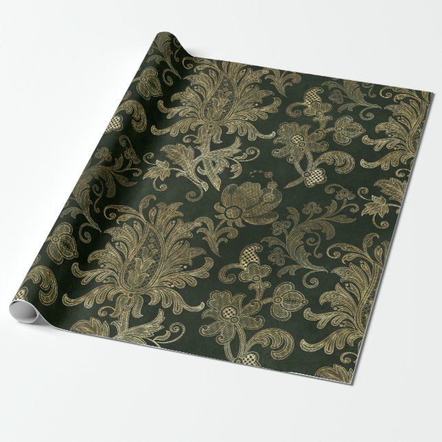 Elegant Christmas Velvet Floral Design with Gold Wrapping Paper (Unrolled)