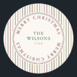 Elegant Christmas Vintage Stripes  Classic Round Sticker<br><div class="desc">Create your own Christmas stickers with family name and date on vintage style holiday color stripes background.</div>