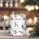 Elegant Christmas Watercolor Botanical Monogram Coffee Mug<br><div class="desc">Elegant Christmas Watercolor Botanical Monogram Mug featuring a sprig of gentle modern greenery of pine and berries and your custom Monogram and name. Please contact us at cedarandstring@gmail.com if you need assistance with the design or matching products.</div>
