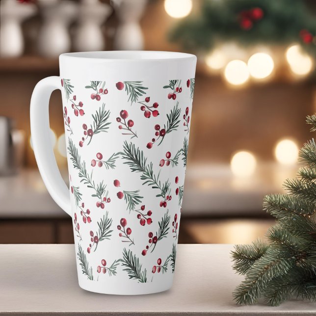 Elegant Christmas Watercolor Botanical Pattern Latte Mug (Elegant Christmas Watercolor Botanical Pattern Latte Mug)