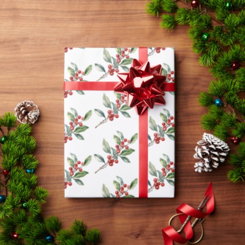 Elegant Christmas Watercolor Botanical Red Green Wrapping Paper