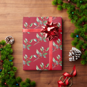 Elegant Christmas Watercolor Botanical Red Green Wrapping Paper