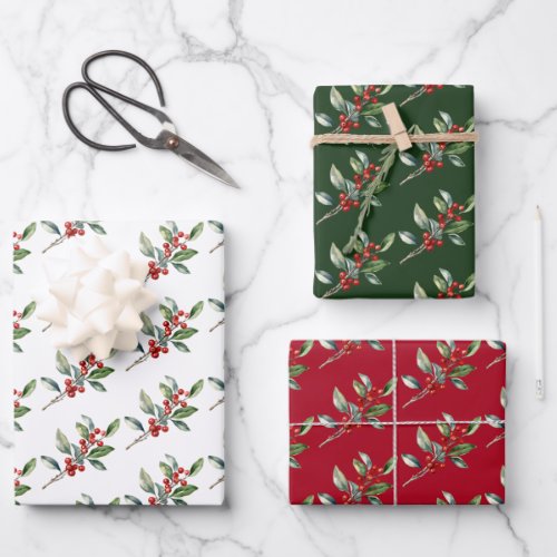 Elegant Christmas Watercolor Botanical Red Green Wrapping Paper Sheets