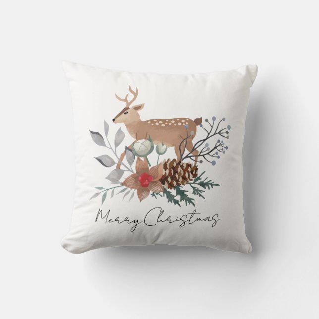 Elegant Christmas Watercolor Deer Holiday Throw Pillow (Front)
