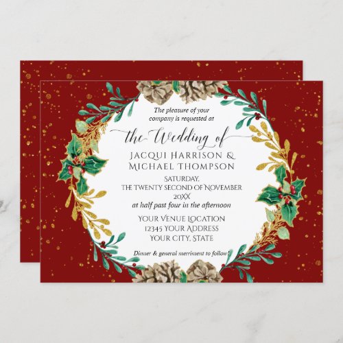Elegant Christmas Watercolor Gold Holly Wreath Invitation