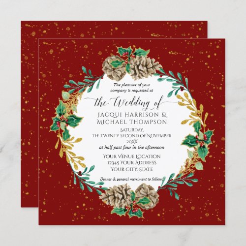 Elegant Christmas Watercolor Gold Pine Cone Wreath Invitation