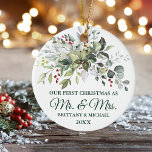Elegant Christmas Watercolor Greenery Berries Ceramic Ornament<br><div class="desc">Modern Elegant Watercolor Greenery Couple Our First Christmas as Mr. and Mrs. Ornament includes beautiful watercolor botanical greenery,  eucalyptus leaves,  holly berries and other beautiful foliage. Forest Green Script.</div>