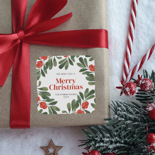 Elegant Christmas Watercolor Greenery Red Berries Square Sticker