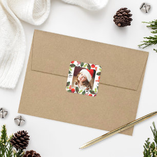 Elegant Christmas Watercolor Holly Berry Photo Square Sticker