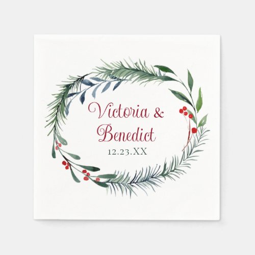 Elegant Christmas Watercolor Pine Needle Wedding Napkins