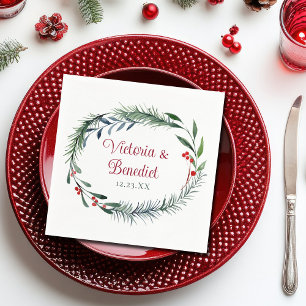 Elegant Christmas Watercolor Pine Needle Wedding Napkins