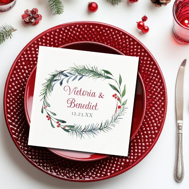 Elegant Christmas Watercolor Pine Needle Wedding Napkins (Creator Uploaded)