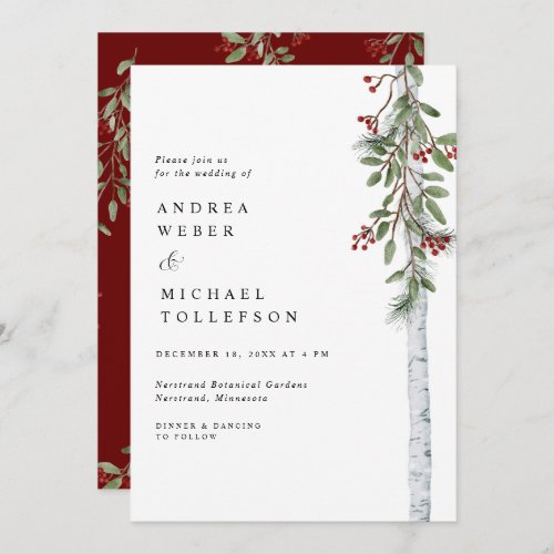 Elegant Christmas Wedding Burgundy Greenery Invitation