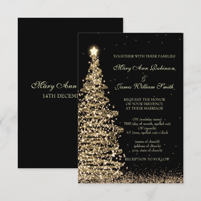 Elegant Christmas Wedding Gold Black RSVP Card (Front/Back)