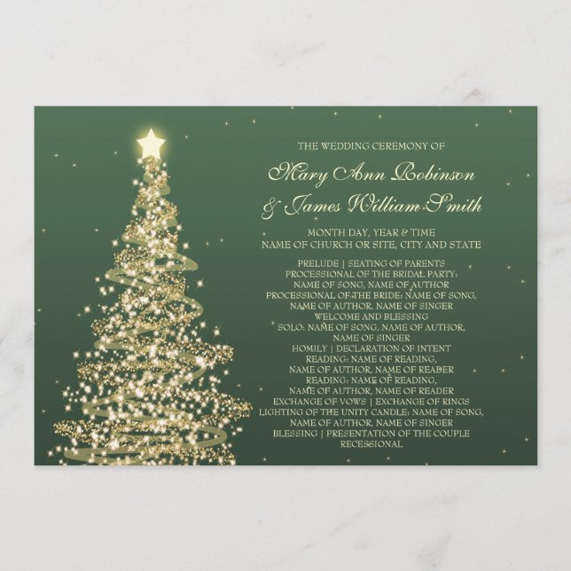 Elegant Christmas Wedding Green Gold Program (Front)