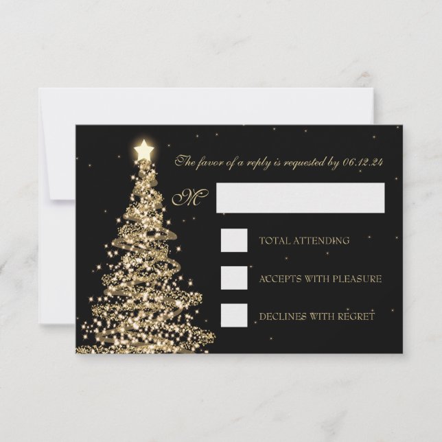 Elegant Christmas Wedding RSVP Gold Black Card (Front)