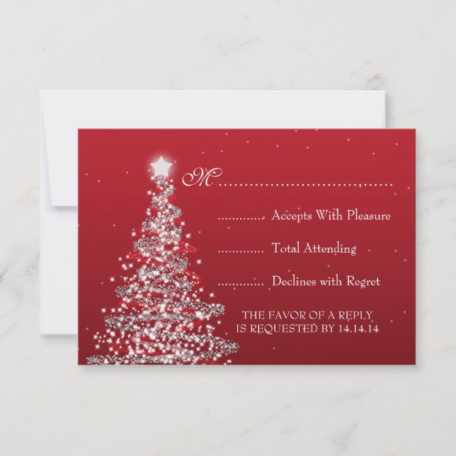 Elegant Christmas Wedding RSVP Red Silver (Front)