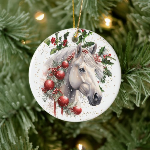Elegant Christmas White Horse Ceramic Ornament
