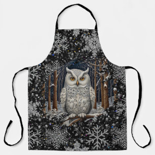 Elegant Christmas white owl woodland winter forest Apron