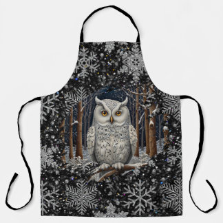 Elegant Christmas white owl woodland winter forest Apron