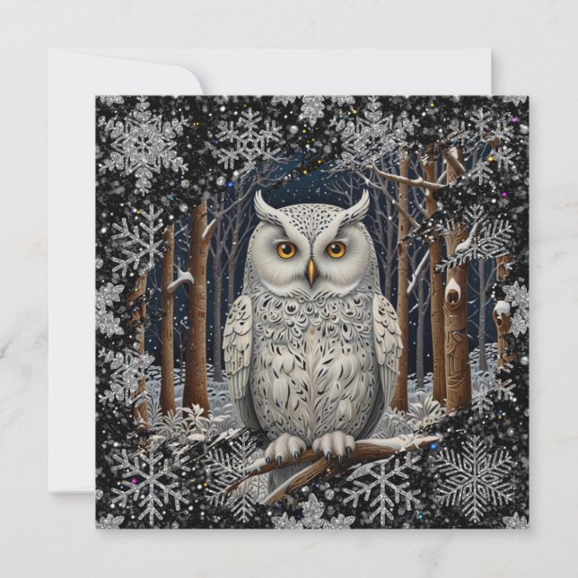 Elegant Christmas white owl woodland winter forest Card (Front)