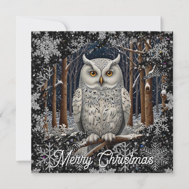 Elegant Christmas white owl woodland winter forest Card (Front)