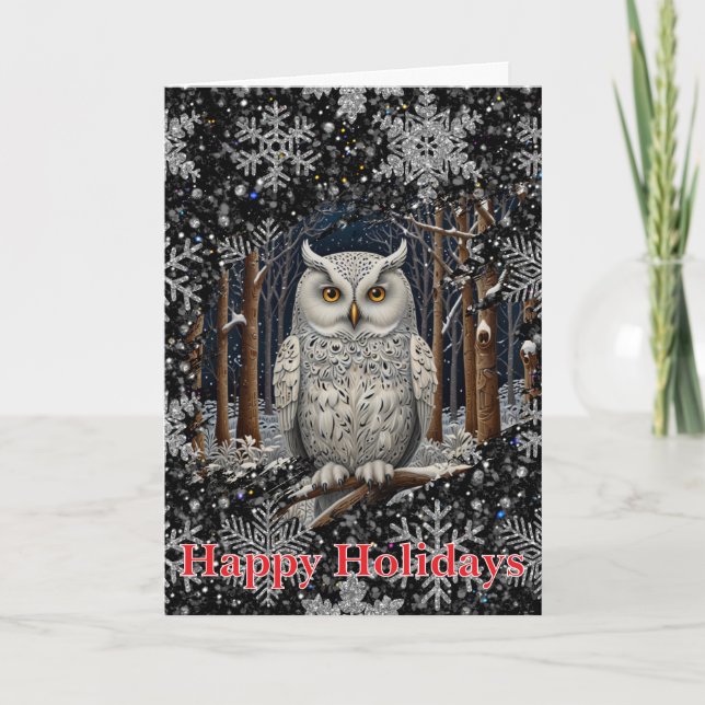 Elegant Christmas white owl woodland winter forest Card (Front)