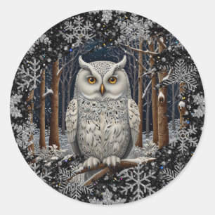 Elegant Christmas white owl woodland winter forest Classic Round Sticker