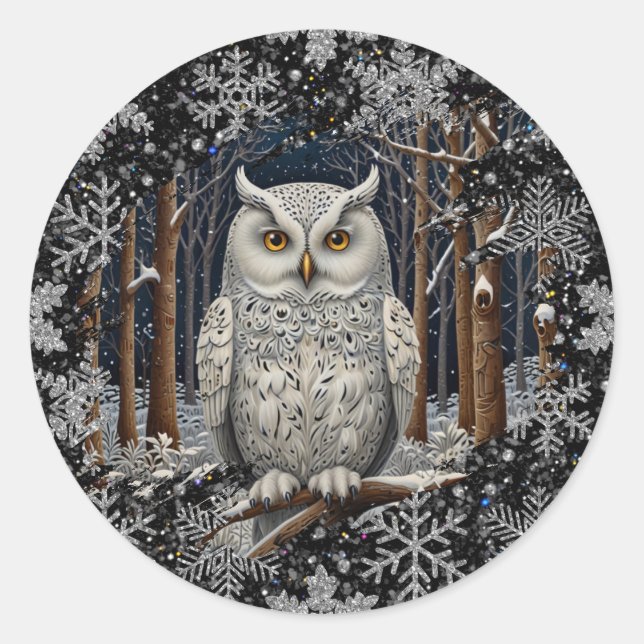 Elegant Christmas white owl woodland winter forest Classic Round Sticker (Front)