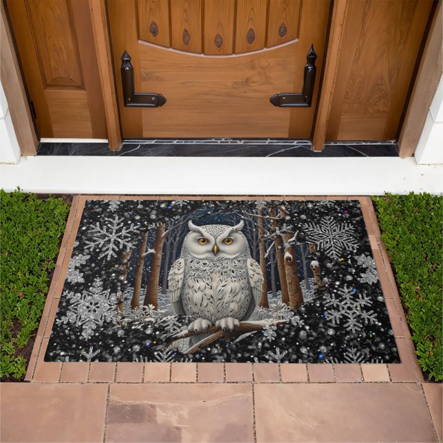 Elegant Christmas white owl woodland winter forest Doormat (Outdoor)