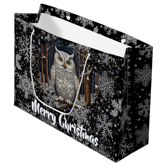 Elegant Christmas white owl woodland winter forest Large Gift Bag (Front Angled)