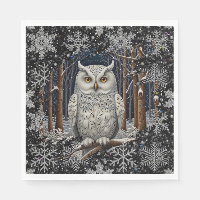 Elegant Christmas white owl woodland winter forest Napkins (Front)