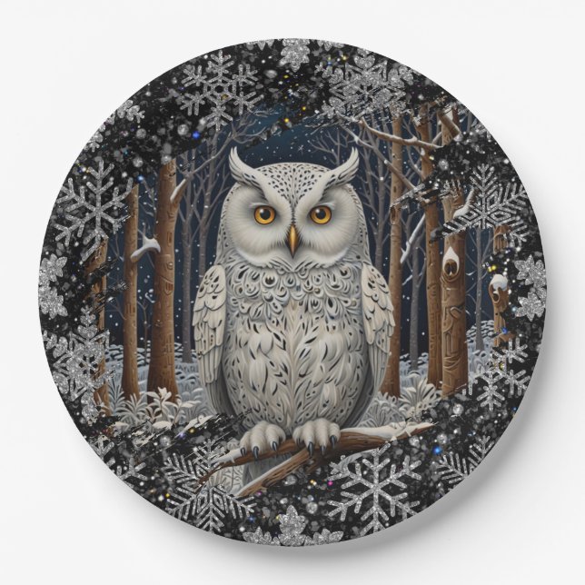 Elegant Christmas white owl woodland winter forest Paper Plates (Front)