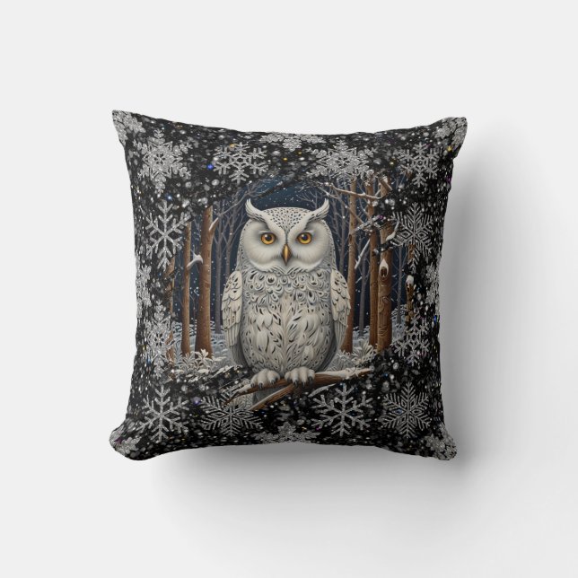 Elegant Christmas white owl woodland winter forest Throw Pillow (Front)
