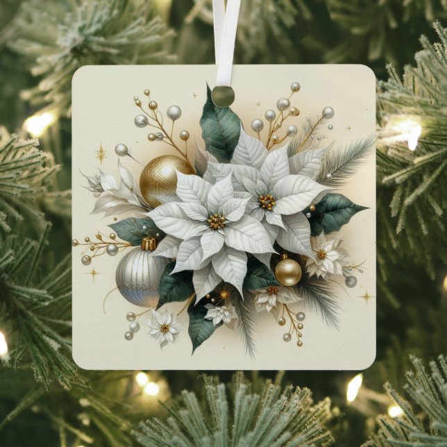 Elegant Christmas White Poinsettia with Gold  Metal Ornament (Insitu)