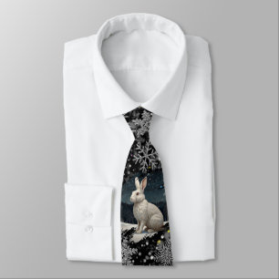 Elegant Christmas white rabbit silver snowflakes Neck Tie