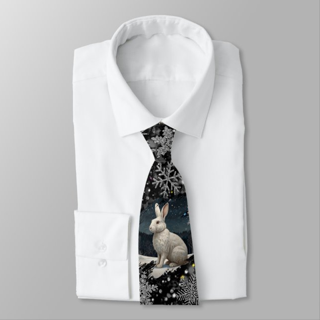 Elegant Christmas white rabbit silver snowflakes Neck Tie (Tied)