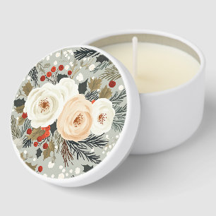 Elegant Christmas White Roses & Red Winter Berry Mini Candle Favors