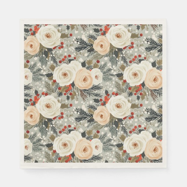 Elegant Christmas White Roses & Red Winter Berry  Napkins (Front)