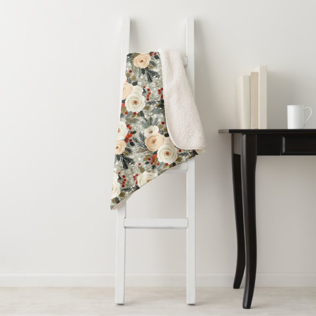 Elegant Christmas White Roses & Red Winter Berry  Sherpa Blanket (In Situ)
