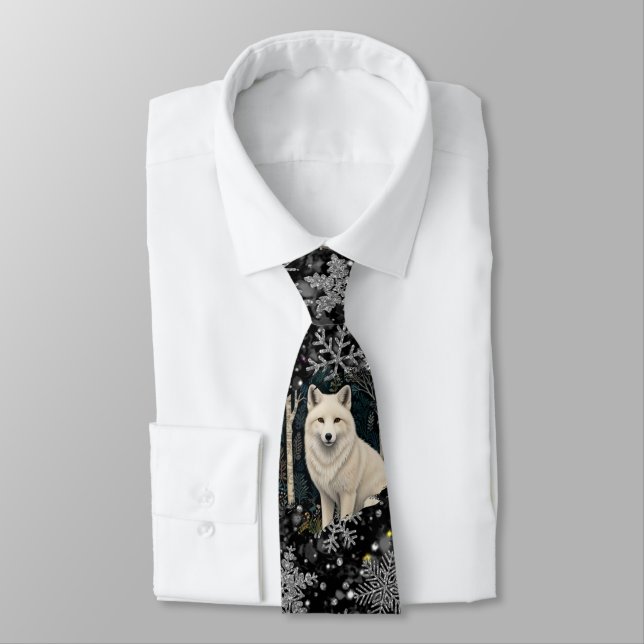 Elegant Christmas white  wolf silver snowflakes Neck Tie (Tied)