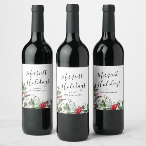 Elegant Christmas Winter Botanical Foliage Wine Label