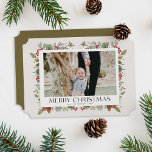 Elegant Christmas Winter Botanicals beige 1 photo  Holiday Card<br><div class="desc">Gorgeous modern Merry Christmas Winter holly berry border with a beige background,  1 photo holiday card. Customize with your family name and year.</div>