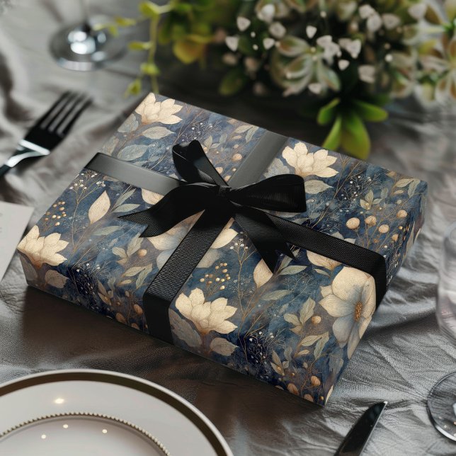 Elegant Christmas Winter Cream And Navy Floral Wrapping Paper Sheets (Creator Uploaded)
